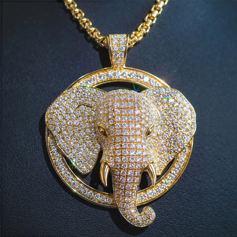 Micro Pave 3d Elephant Head Circle Pendant In Gold With Street Luxury Shine - Image 6