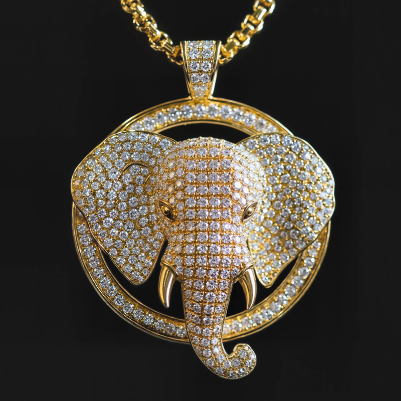 Micro Pave 3d Elephant Head Circle Pendant In Gold With Street Luxury Shine