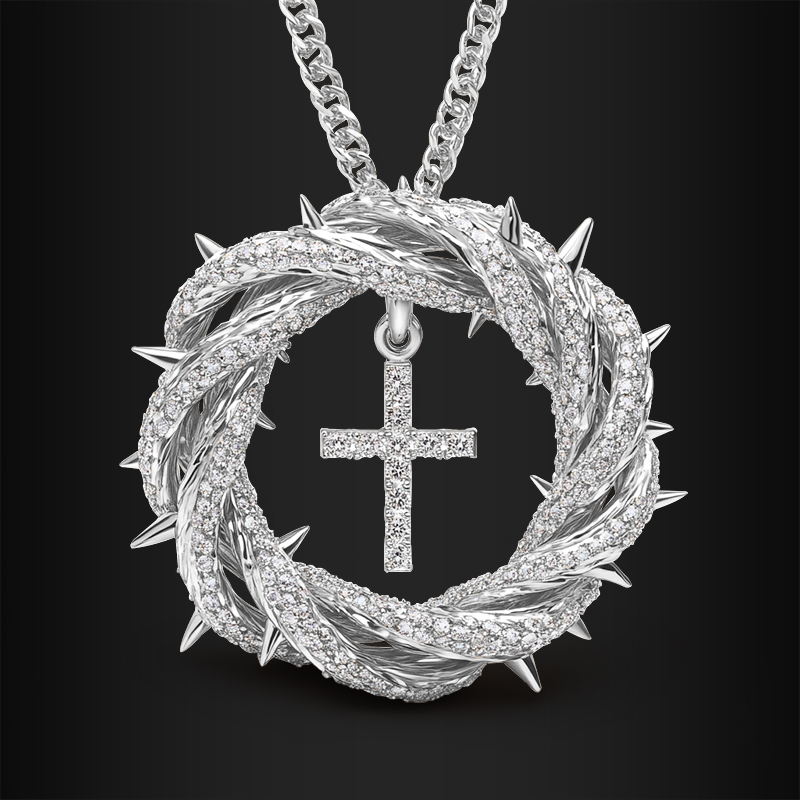 Micro Paved Crown Of Thorns With Cross Pendant Moissanite - Image 3