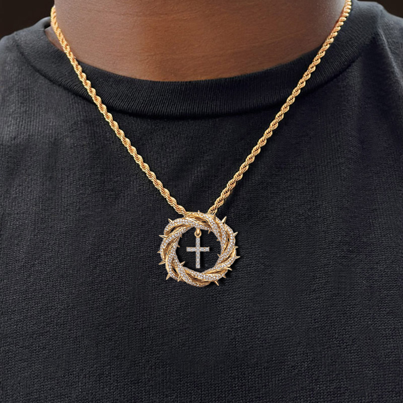 Micro Paved Crown Of Thorns With Cross Pendant Moissanite - Image 4