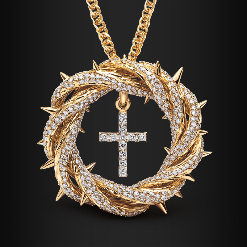 Micro Paved Crown Of Thorns With Cross Pendant Moissanite