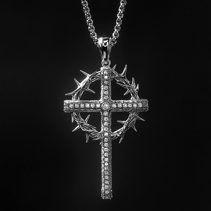 Iced Out Jesus Crown Of Thorns Cross Pendant Moissanite - Image 3