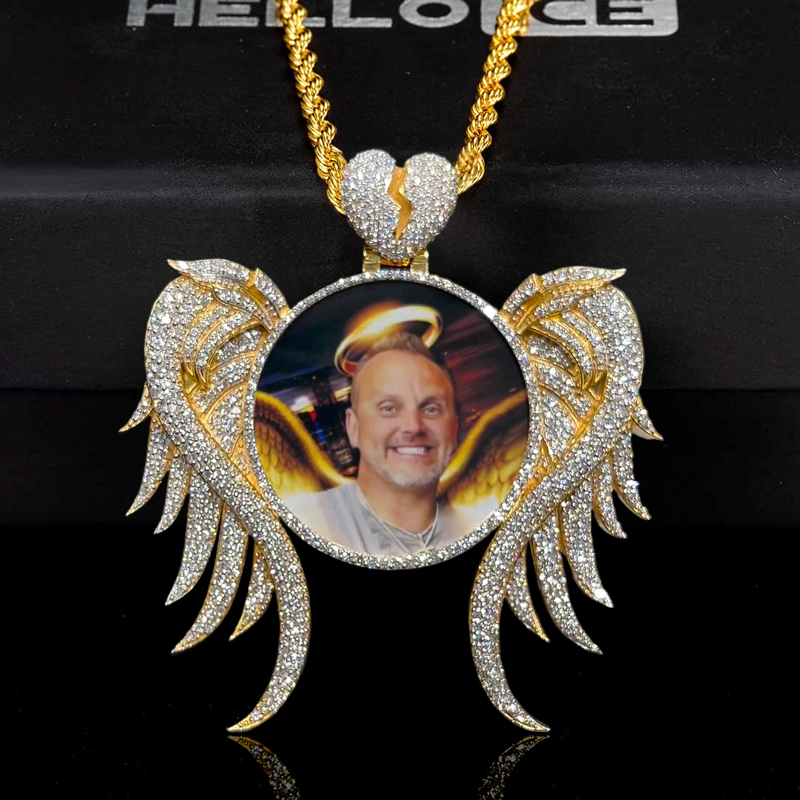 Iced Out Custom Angel Wings Broken Heart Photo Pendant In Gold Moissanite - Image 3