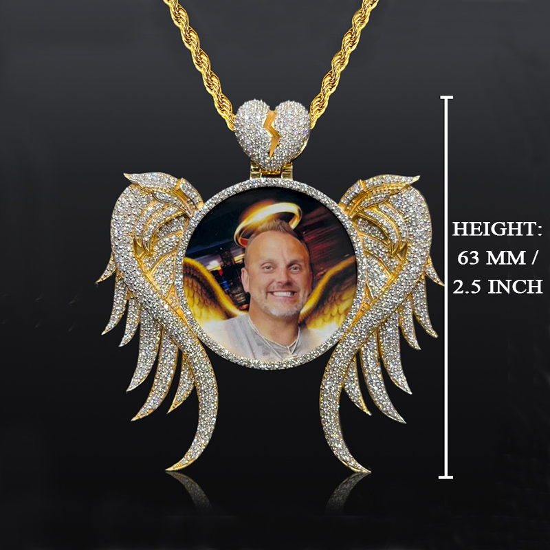 Iced Out Custom Angel Wings Broken Heart Photo Pendant In Gold Moissanite - Image 4