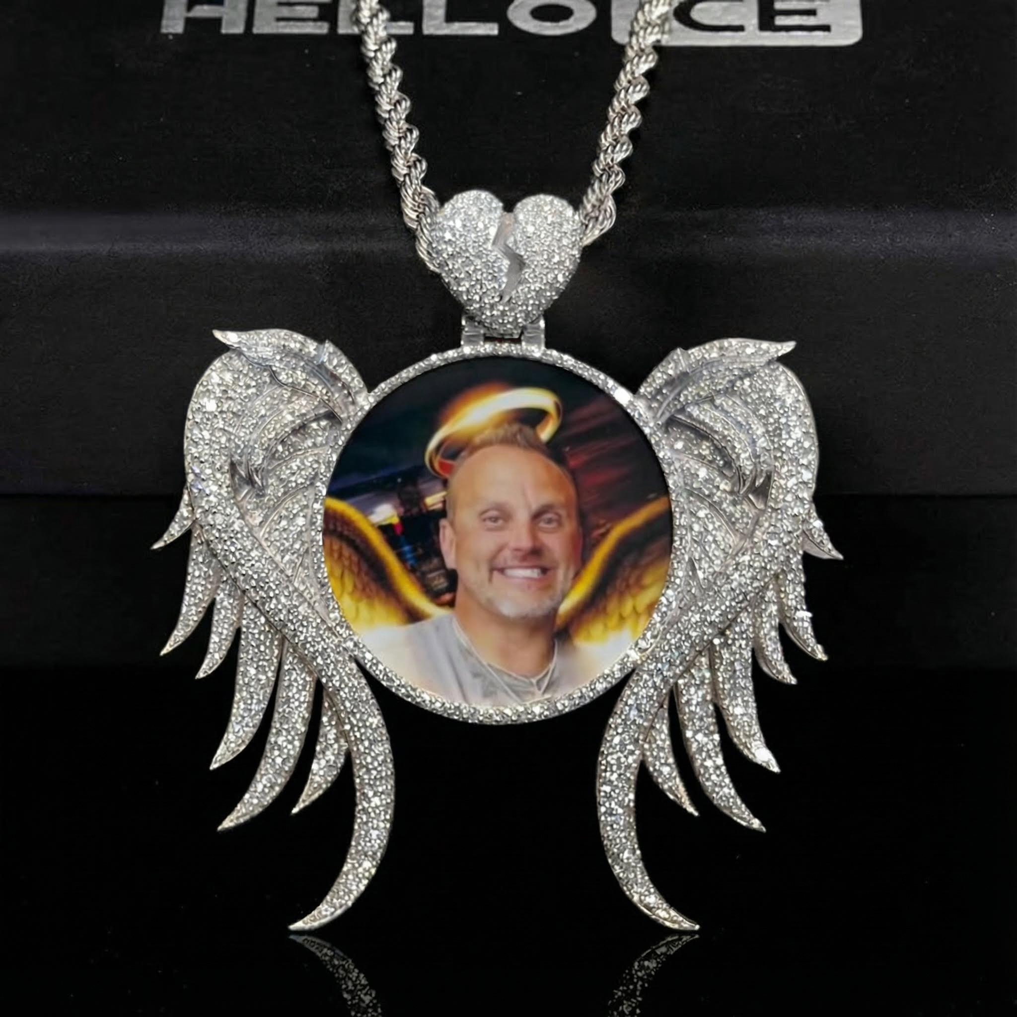 Iced Out Custom Angel Wings Broken Heart Photo Pendant In Gold Moissanite - Image 5