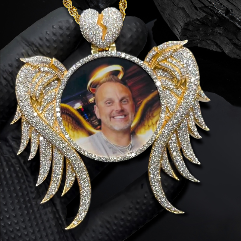 Iced Out Custom Angel Wings Broken Heart Photo Pendant In Gold Moissanite
