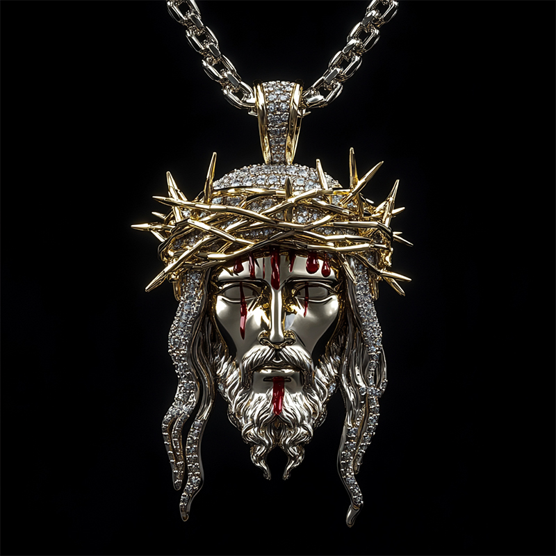 Crown Of Thorns Jesus Bleeding Head Pendant Silver With Street Luxury Shine