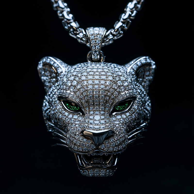 Roaring Leopard Head With Emerald Eyes Pendant With Street Luxury Shine