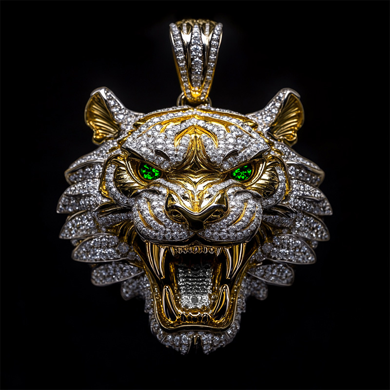 Micro Pave Roaring Tiger Head Pendant In 18k Yellow Gold Moissanite - Image 4