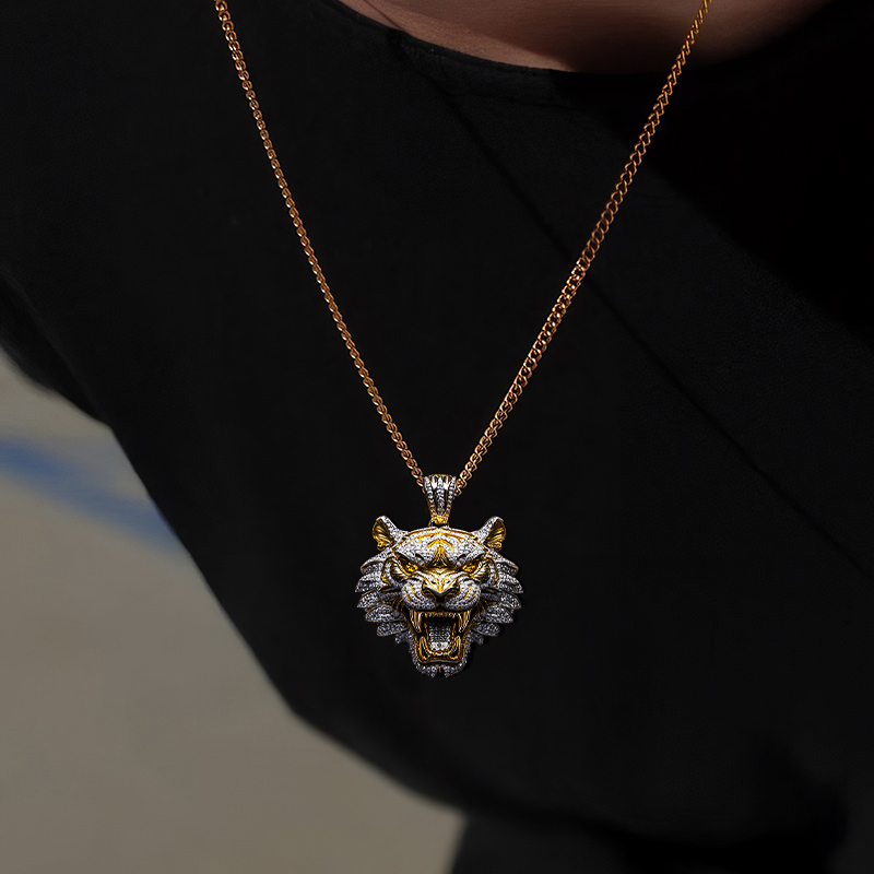 Micro Pave Roaring Tiger Head Pendant In 18k Yellow Gold Moissanite - Image 5
