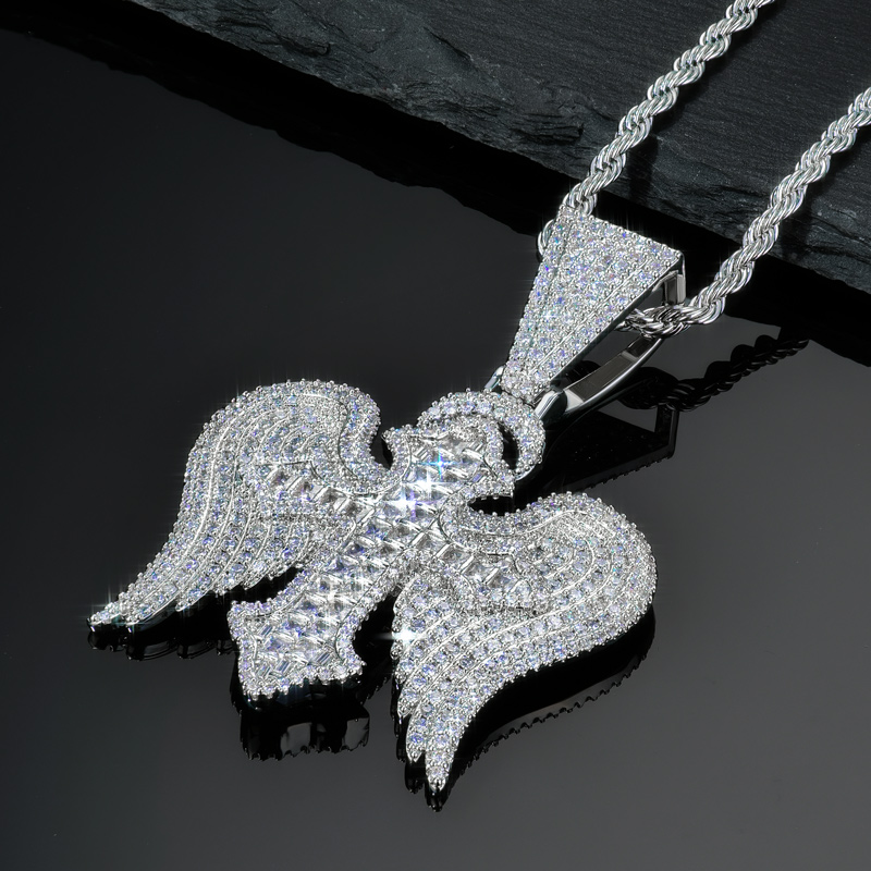 Iced Out Out Princess Cut Cross With Angle Wings Pendant Gold - Image 3