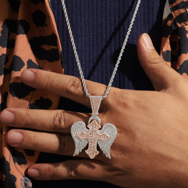 Iced Out Out Princess Cut Cross With Angle Wings Pendant Gold - Image 4