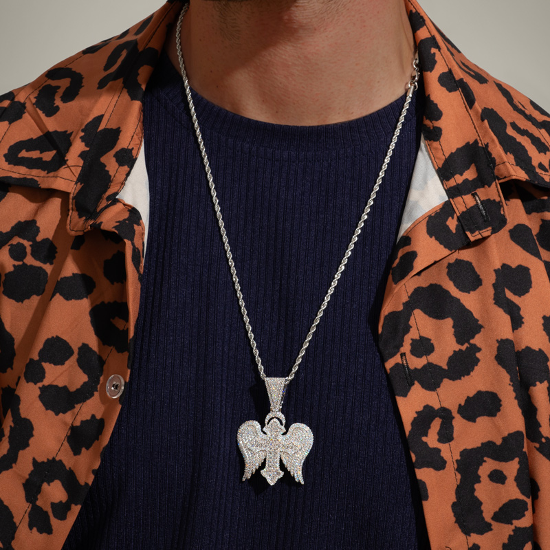 Iced Out Out Princess Cut Cross With Angle Wings Pendant Gold - Image 5