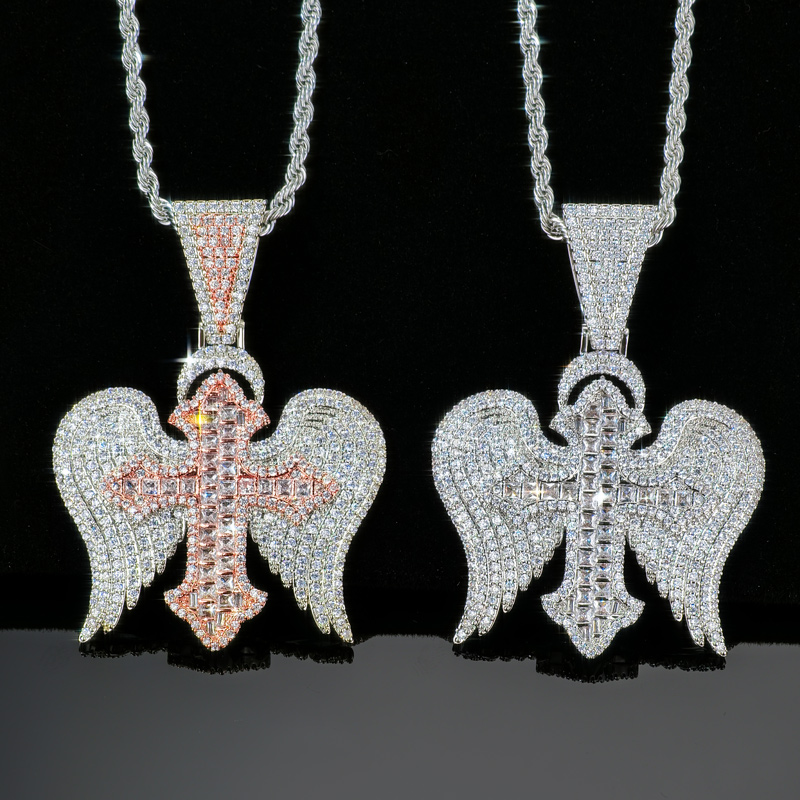 Iced Out Out Princess Cut Cross With Angle Wings Pendant Gold - Image 6