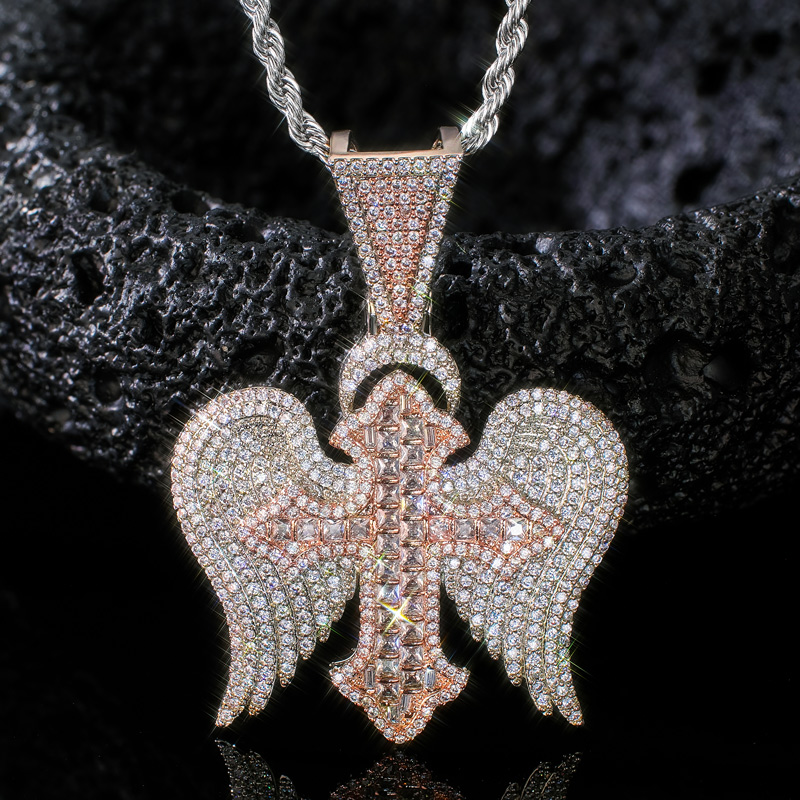 Iced Out Out Princess Cut Cross With Angle Wings Pendant Gold