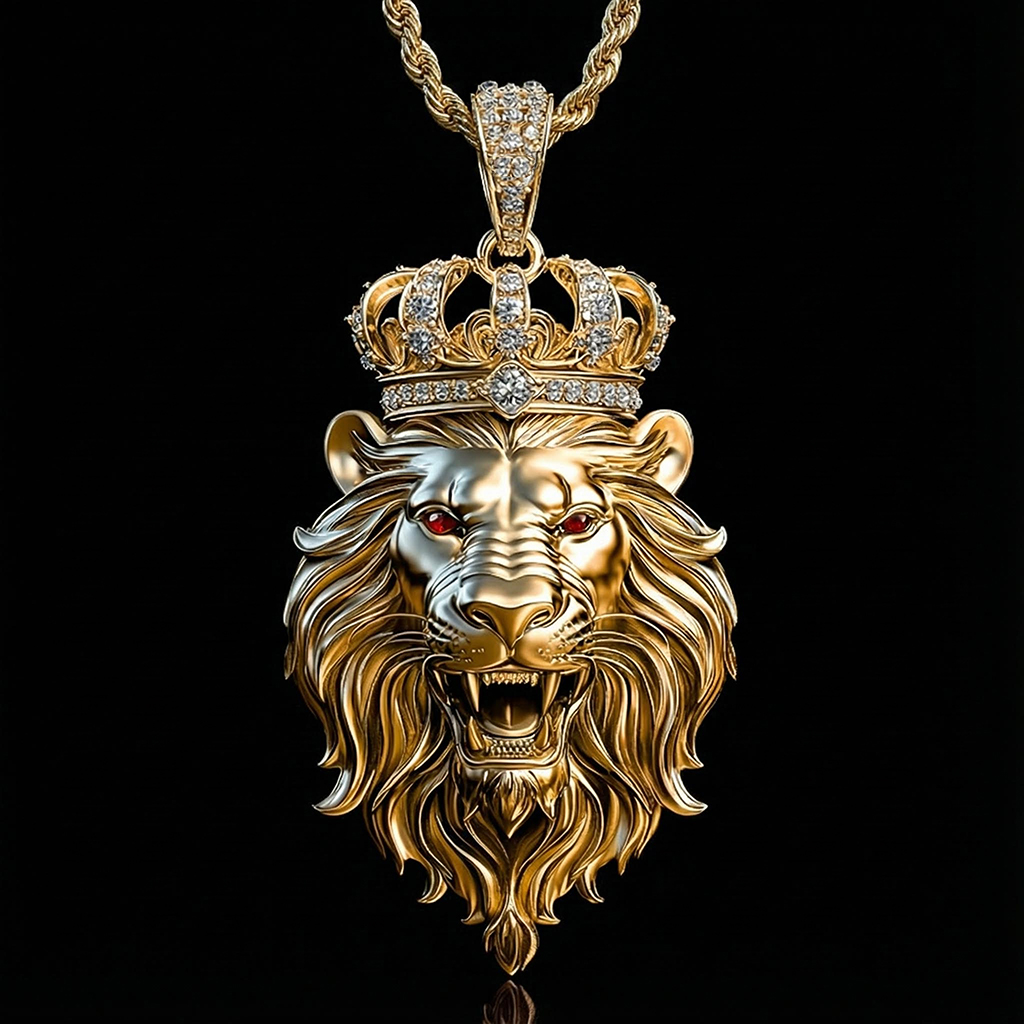 Roaring Lion With Crown Pendant In Gold Moissanite With Street Luxury Shine