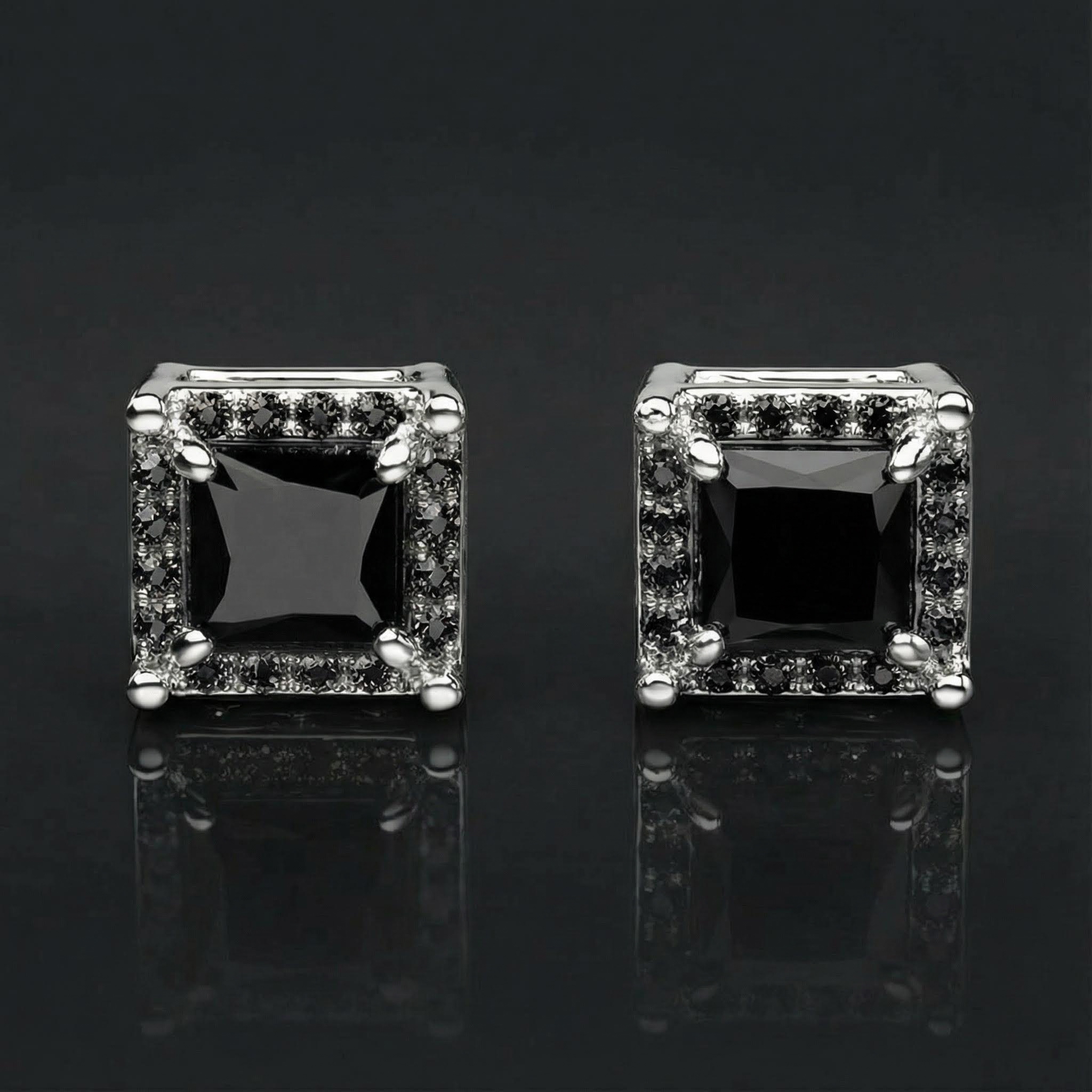 Black Stone Radiant Cut Halo Stud Earrings Silver With Street Luxury Shine - Image 3