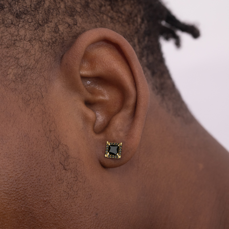Black Stone Radiant Cut Halo Stud Earrings Silver With Street Luxury Shine - Image 4