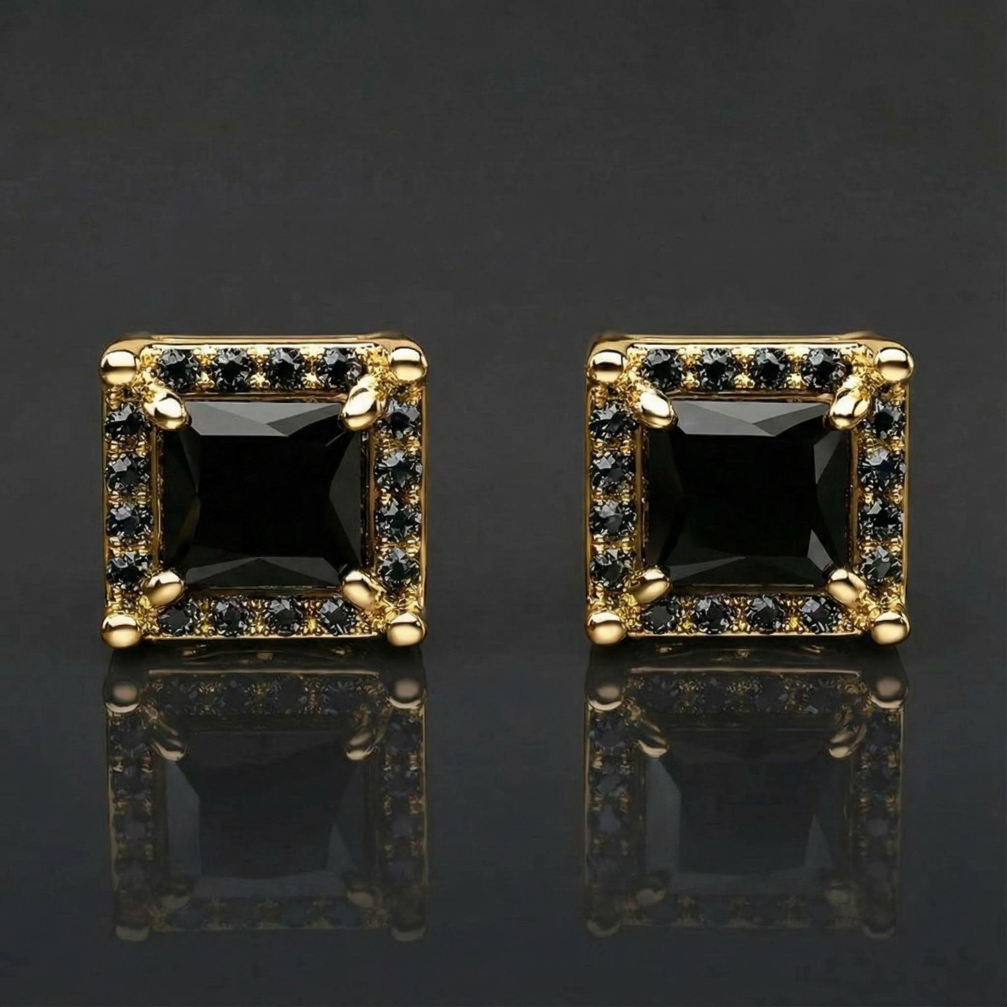 Black Stone Radiant Cut Halo Stud Earrings Silver With Street Luxury Shine