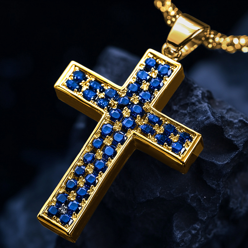 Round Blue Sapphire Cross Pendant Bold Statement Style With Street Luxury - Image 3