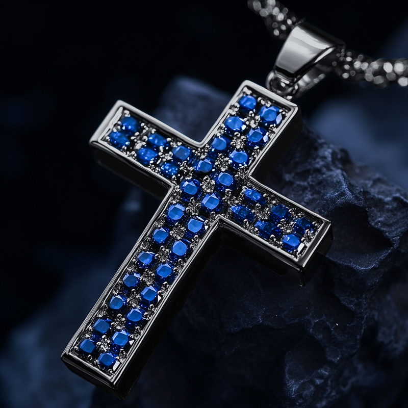 Round Blue Sapphire Cross Pendant Bold Statement Style With Street Luxury - Image 4