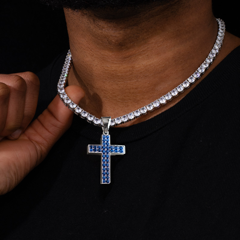 Round Blue Sapphire Cross Pendant Bold Statement Style With Street Luxury - Image 5