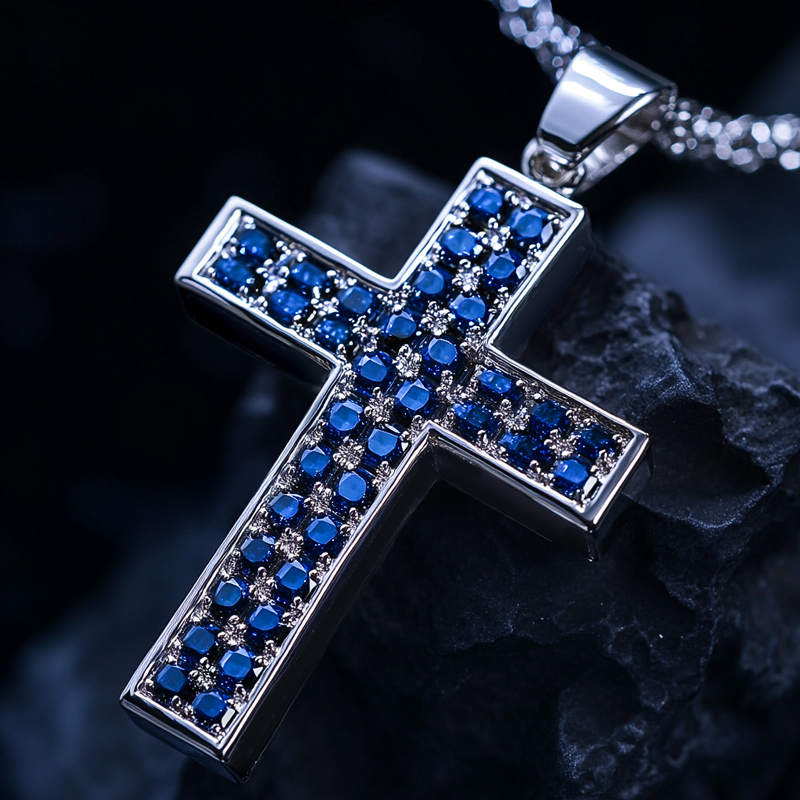 Round Blue Sapphire Cross Pendant Bold Statement Style With Street Luxury