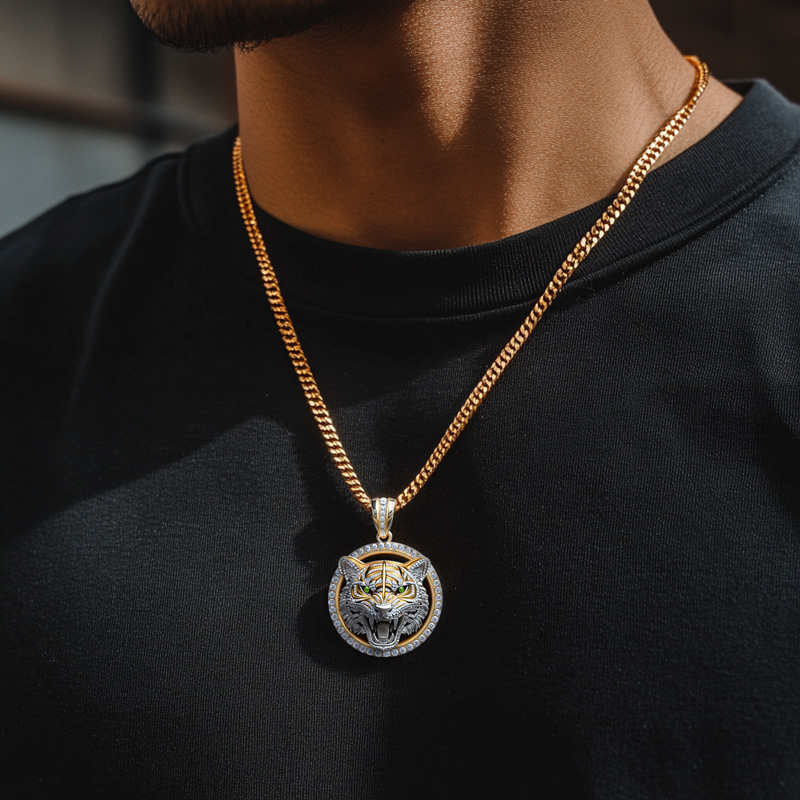 Two-tone Roaring Tiger Head Round Pendant Silver With Street Luxury Shine - Image 3