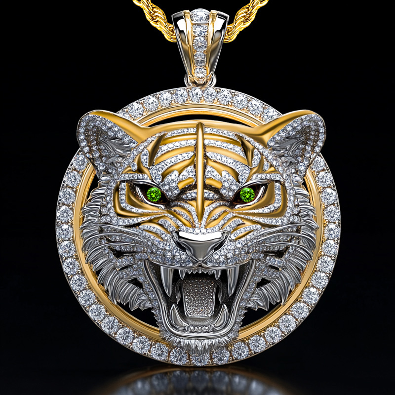 Two-tone Roaring Tiger Head Round Pendant Silver With Street Luxury Shine - Image 4