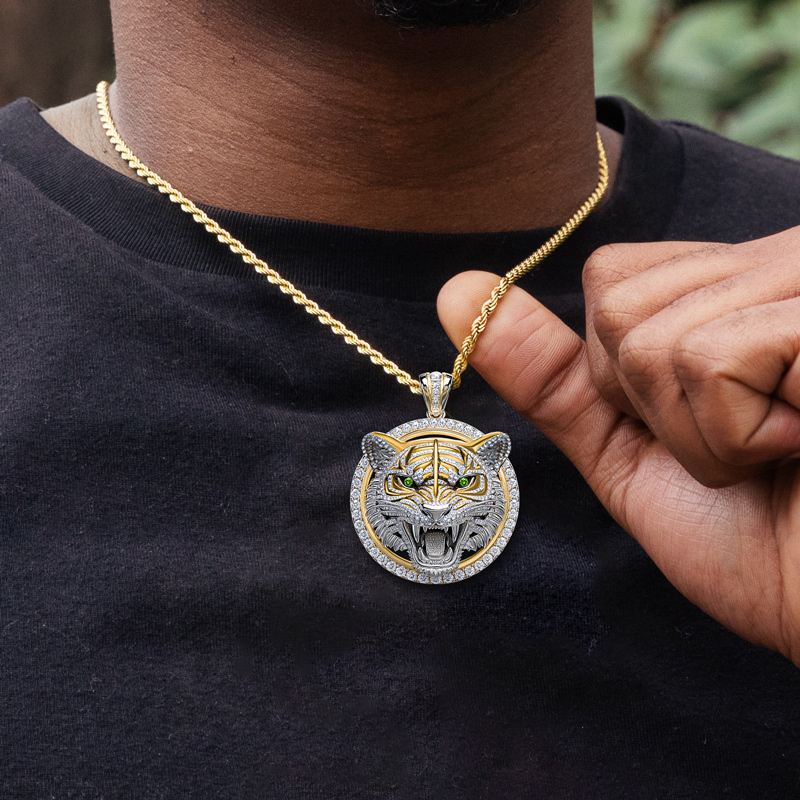Two-tone Roaring Tiger Head Round Pendant Silver With Street Luxury Shine - Image 5