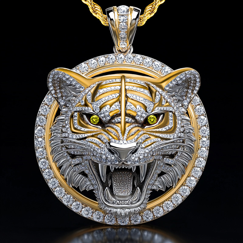Two-tone Roaring Tiger Head Round Pendant Silver With Street Luxury Shine - Image 6