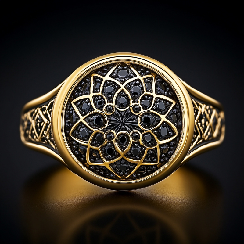 Black Onyx Round Flower Men's Ring Bold Statement Style With Street Luxury