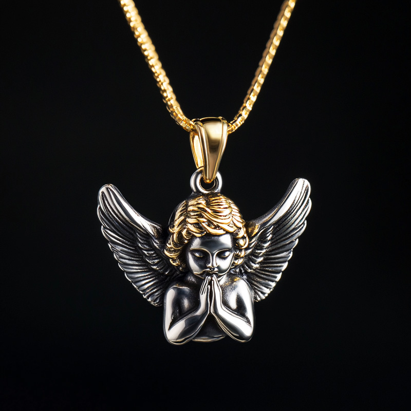 Prayer Hand Guardian Angel Wing Protection Pendant With Street Luxury Shine