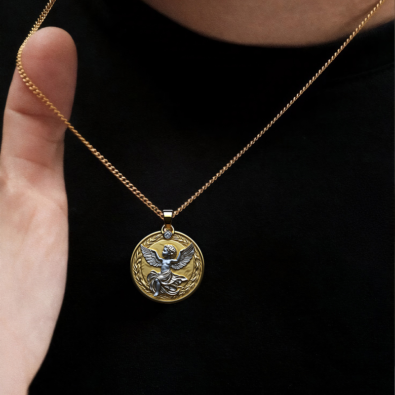 Baby Angle With Ear Of Wheat Round Medallion Pendant Silver - Image 3