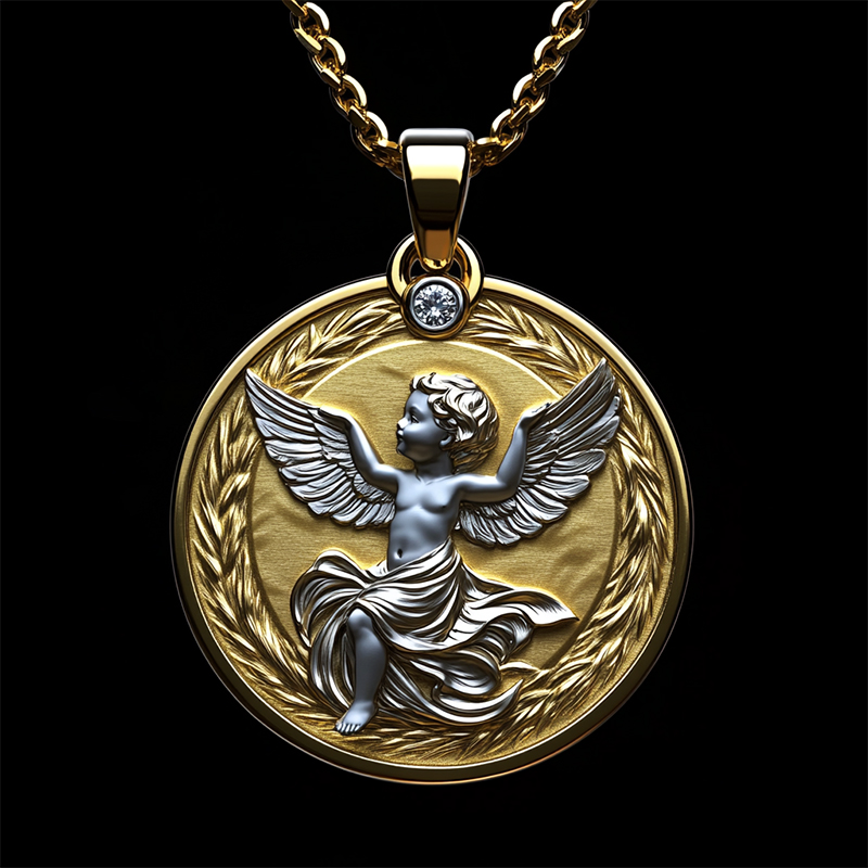 Baby Angle With Ear Of Wheat Round Medallion Pendant Silver - Image 4