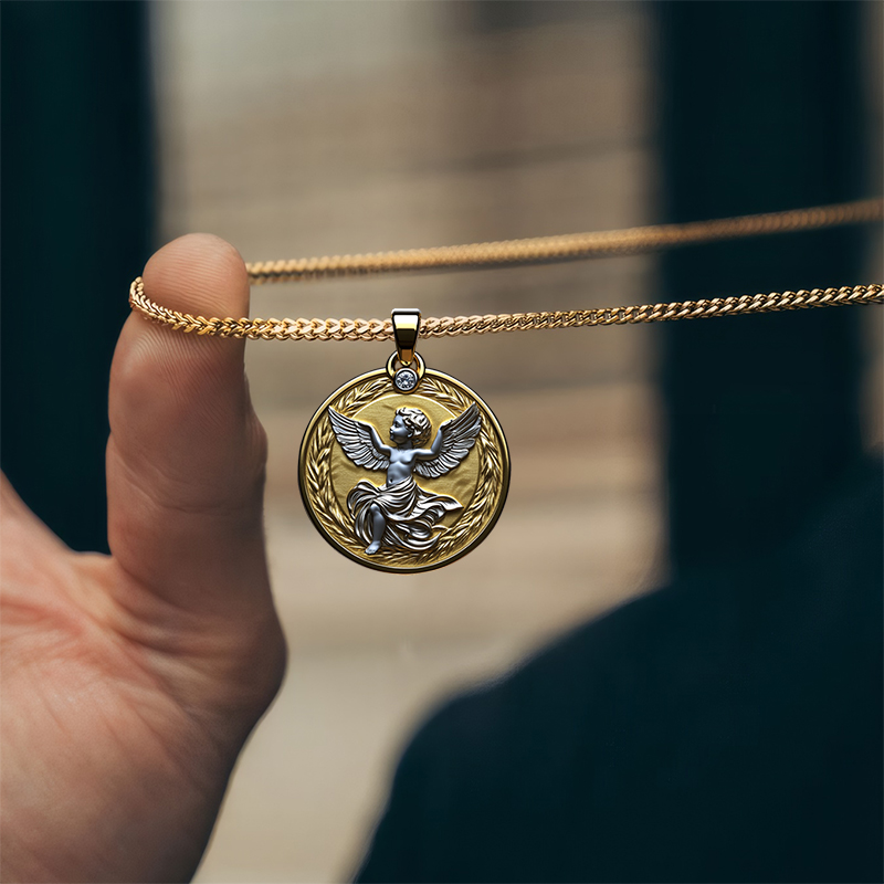 Baby Angle With Ear Of Wheat Round Medallion Pendant Silver