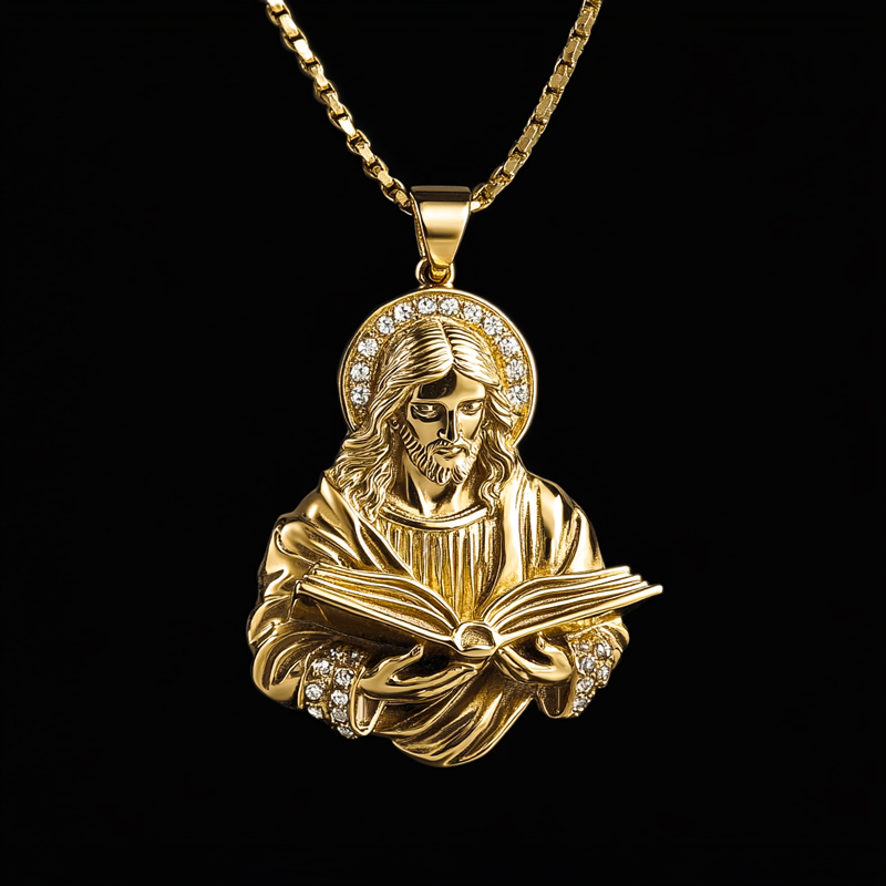 Reading Book Jesus Head Pendant Bold Statement Style With Street Luxury - Image 3