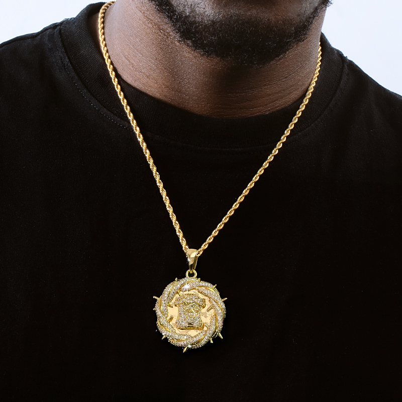 Iced Out Crown Of Thorns Jesus Head Pendant Gold With Street Luxury Shine - Image 5