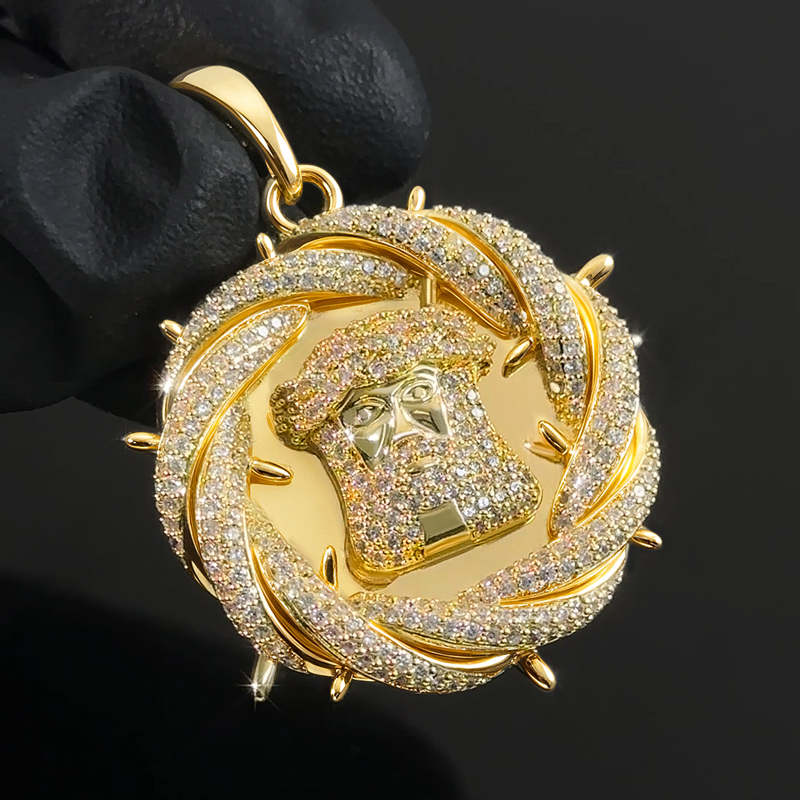 Iced Out Crown Of Thorns Jesus Head Pendant Gold With Street Luxury Shine - Image 6