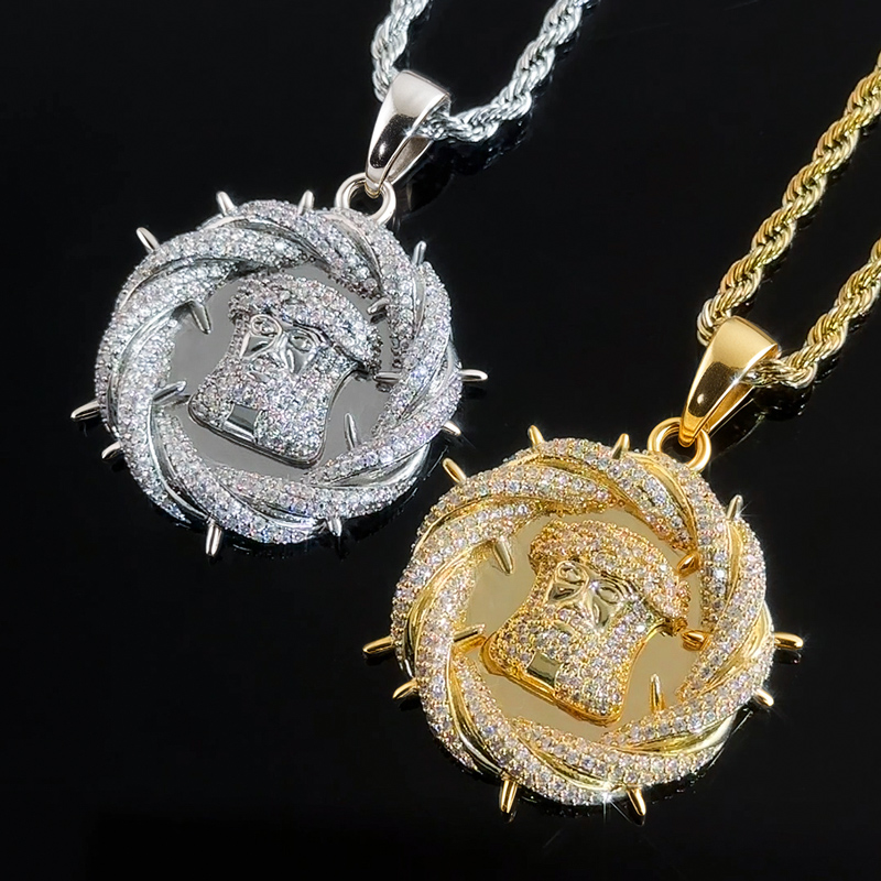 Iced Out Crown Of Thorns Jesus Head Pendant Gold With Street Luxury Shine - Image 7