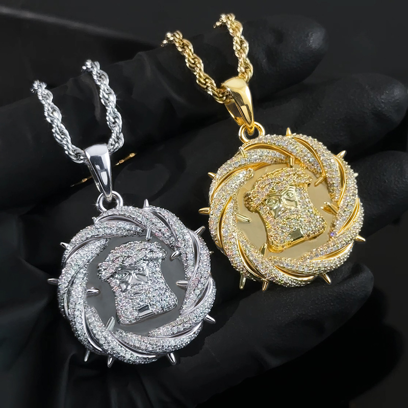 Iced Out Crown Of Thorns Jesus Head Pendant Gold With Street Luxury Shine