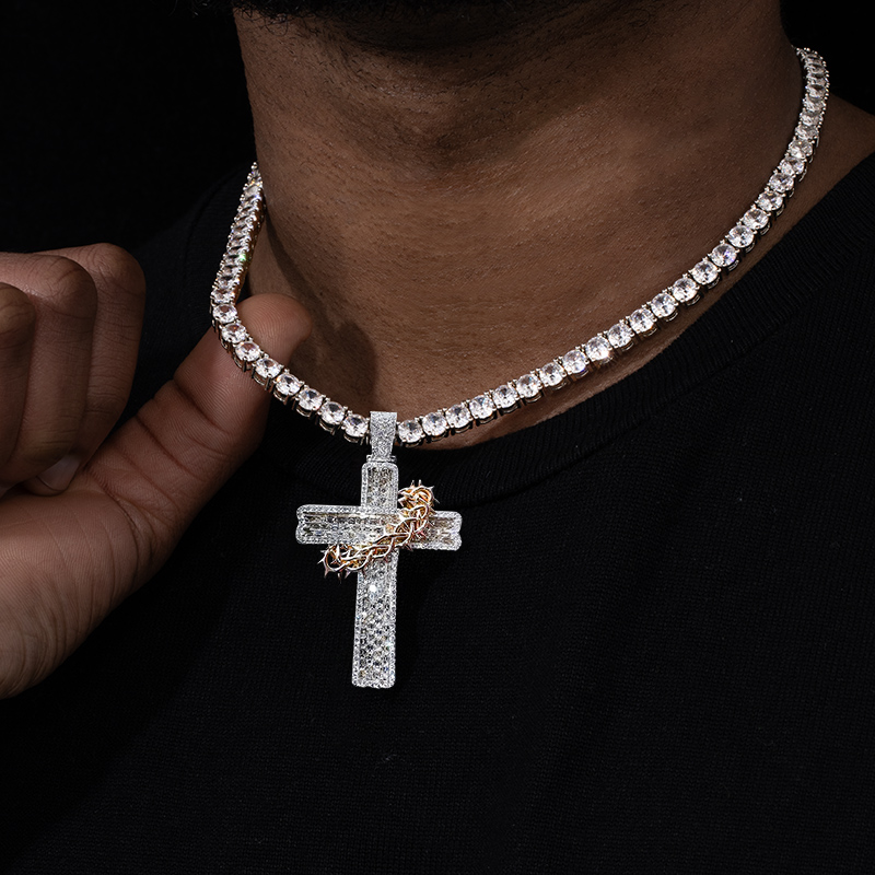 Iced Out Baguette Cut Thorn Cross Pendant Silver With Street Luxury Shine - Image 3
