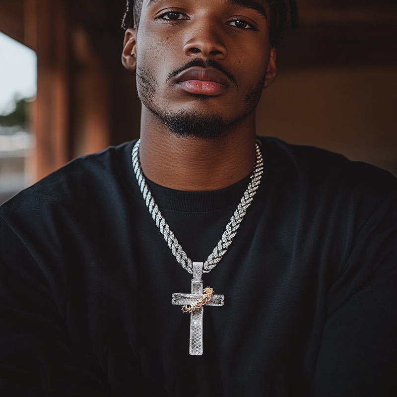 Iced Out Baguette Cut Thorn Cross Pendant Silver With Street Luxury Shine - Image 4