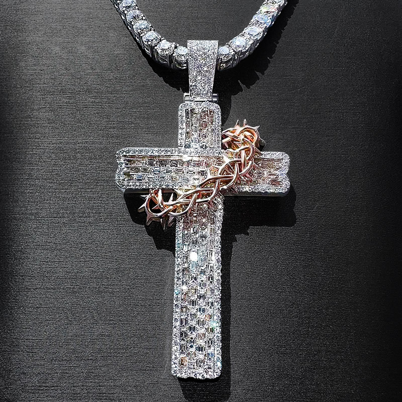 Iced Out Baguette Cut Thorn Cross Pendant Silver With Street Luxury Shine