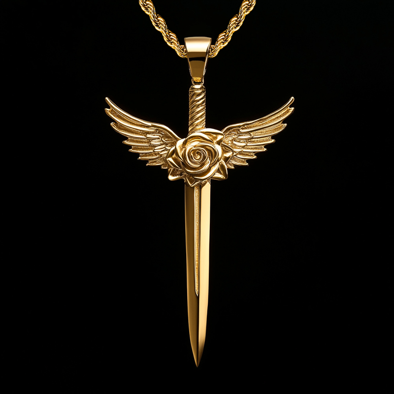 Angel Wings Rose Sword Pendant Bold Statement Style With Street Luxury