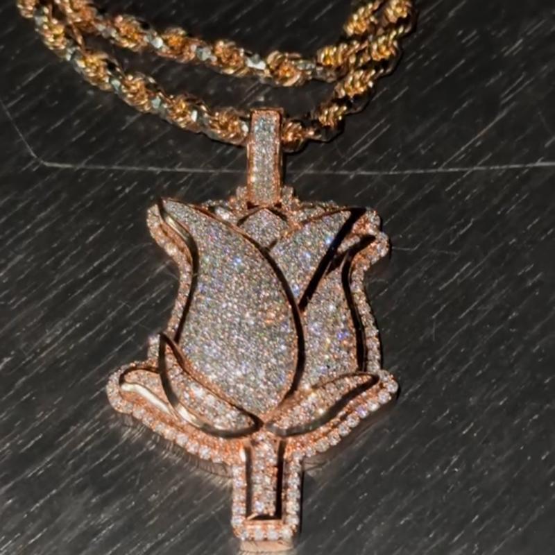 Iced Out Rose Pendant In Rose Gold Plating Silver With Street Luxury Shine - Image 3