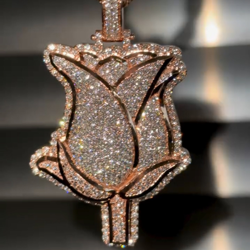 Iced Out Rose Pendant In Rose Gold Plating Silver With Street Luxury Shine