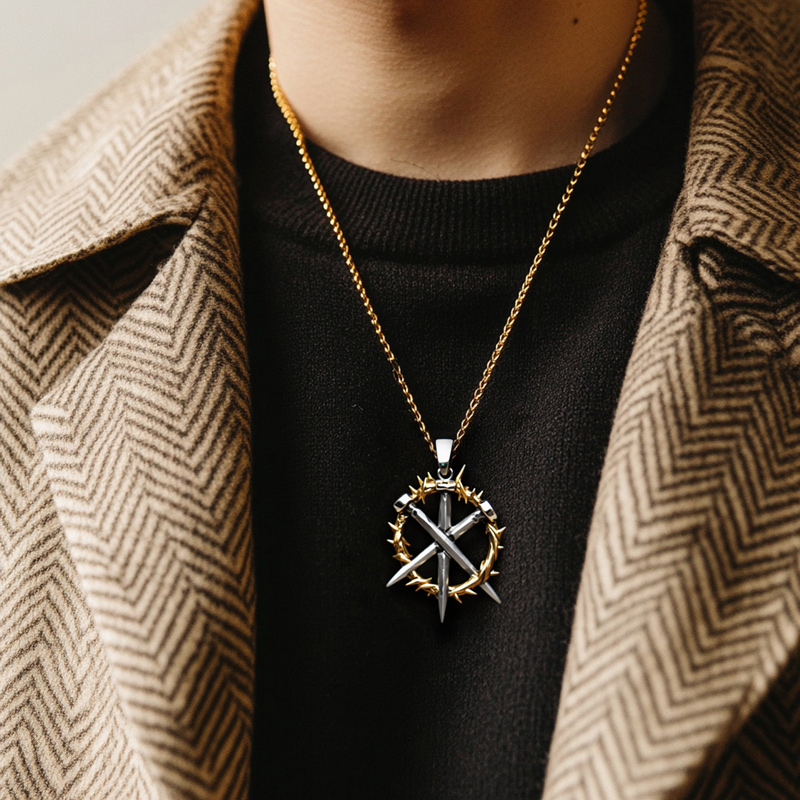 Two-tone Crown Of Thorns Three Nails Pendant With Street Luxury Shine - Image 3