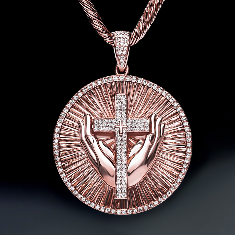 Iced Out Praying Hands Cross Round Pendant Silver With Street Luxury Shine - Image 3