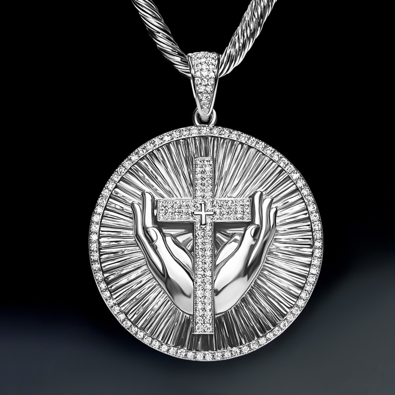 Iced Out Praying Hands Cross Round Pendant Silver With Street Luxury Shine - Image 4